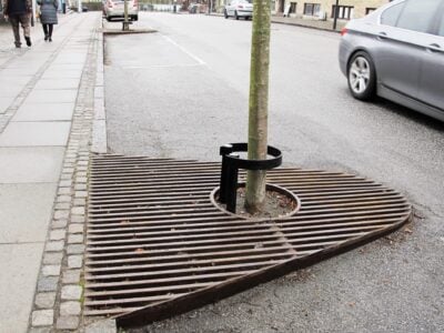 Gadetræ med beskyttelse og drænrist.