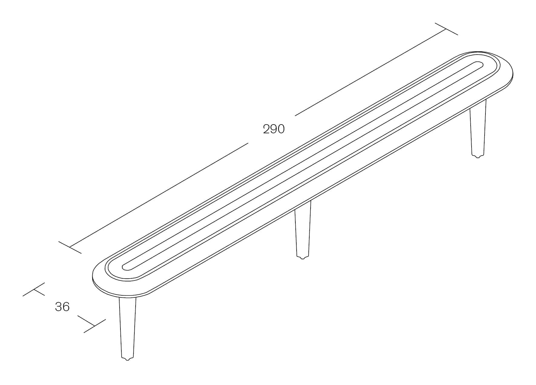 Skitse af en lang bænk med mål
