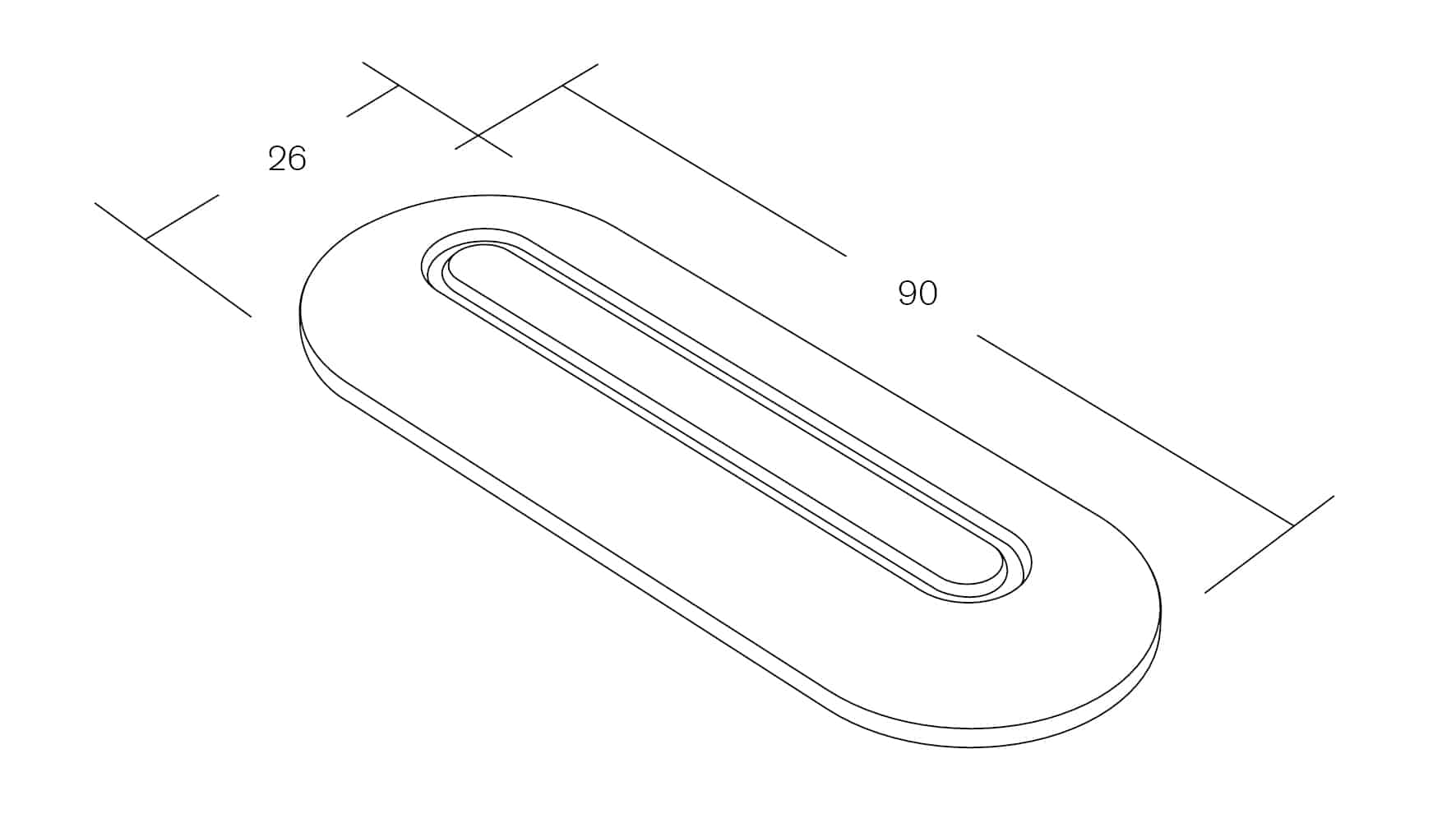 Designskiss av ett ovalt föremål med mått