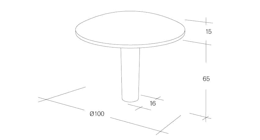 Skizze eines runden Tisches mit Abmessungen.